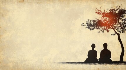 A serene silhouette of a couple sitting together under a stylized tree enjoying peaceful moment in tranquil nature scene depicted in a vintage textured style.