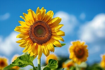 Obraz premium Golden Sunflower in Close-Up: Symbolizing Beauty and Growth against a Clear Blue Sky