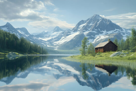 Serene mountain lake cabin nestled amongst majestic peaks. - Powered by Adobe