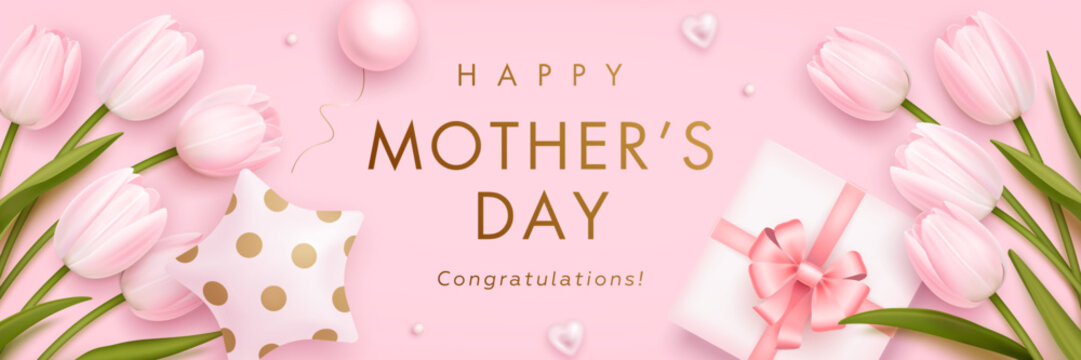 Mother's day poster, banner, greeting card design template with realistic 3d tulips, gift box and helium balloons on pink background. Landing page, wallpaper, billboard, flyer. Vector illustration - Powered by Adobe