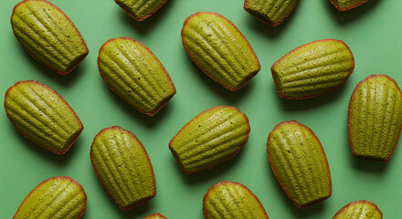 Green Tea Madeleines Displayed on a Green Tablecloth Top View