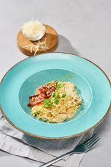 Elegant Culinary Presentation of Ptitim with Bacon à la Carbonara - Rustic Style