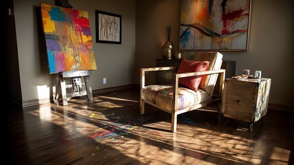 Sun-drenched artist's studio with vibrant art