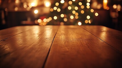 Wooden table with clean surface, warm ambiance, abstract blurred background, soft overhead light. Minimalist elegance in a cozy setting.