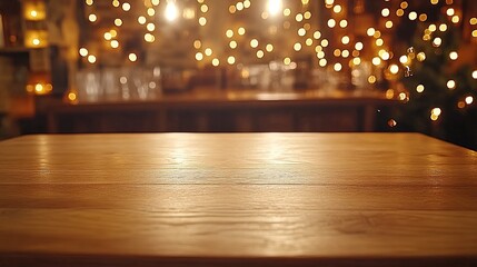 Wooden table with clean surface, warm ambiance, abstract blurred background, soft overhead light. Minimalist elegance in a cozy setting.