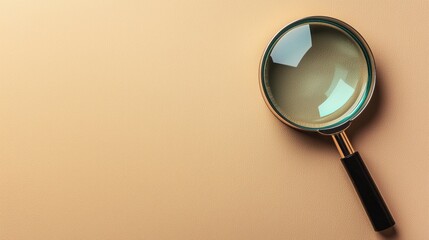 A high-resolution close-up image showcases a classic magnifying glass with a sleek black handle resting on a pale beige background perfect for detailed examination and