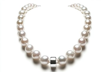 Elegant white pearl necklace featuring a silver clasp on a white background