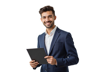 Business portrait isolated on white transparent background: A young man with dark hair and a beard smiles confidently while holding a tablet and wearing a navy blue suit with a white shirt.