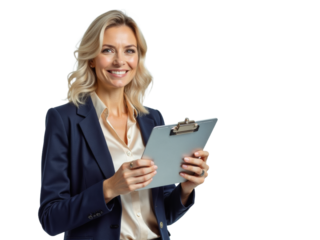 Business portrait isolated on white transparent background: A confident woman in a navy blazer and silk shirt holds a clipboard, smiling warmly at the camera against a clean white background.