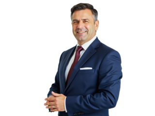 Business portrait isolated on white transparent background: A smiling middle-aged man in a navy suit and red tie confidently poses against a neutral gray background, exuding professionalism and trus