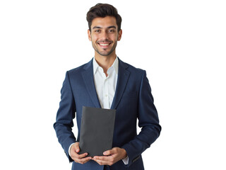 Business portrait isolated on white transparent background: A young man with dark hair and a neatly trimmed beard smiles confidently at the camera while holding a black tablet and wearing a navy blu