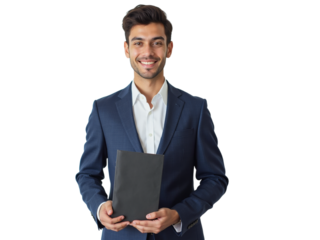 Business portrait isolated on white transparent background: A young man with dark hair and a neatly trimmed beard smiles confidently at the camera while holding a black tablet and wearing a navy blu
