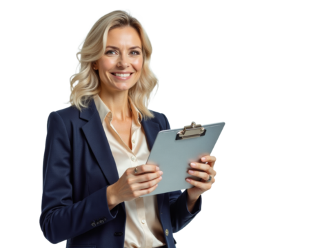 Business portrait isolated on white transparent background: A confident woman in a navy blazer and silk shirt holds a clipboard, smiling warmly at the camera against a clean white background. - Powered by Adobe