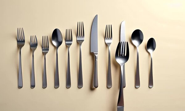 Elegant Silverware Set: A Stylish Flatlay of Forks, Spoons, and Knives