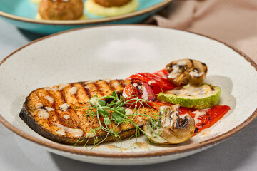 Vibrant Grilled Salmon Steak with Vegetables in Natural Light