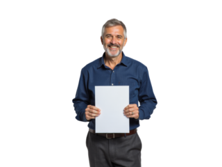 Business portrait isolated on white transparent background: A smiling mature man with gray hair and a blue button-down shirt holds a blank white paper in front of him against a neutral gray backgrou