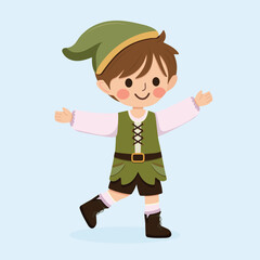 Happy and cute boy in a green hat and vest runs to hug. Poster, Banner, Flyer, Greeting Card. Vector illustration in flat cartoon style