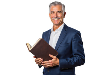 Business portrait isolated on white transparent background: A mature man with gray hair and a mustache confidently smiles while holding an open leather-bound book against a plain white background.