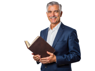 Business portrait isolated on white transparent background: A mature man with gray hair and a mustache confidently smiles while holding an open leather-bound book against a plain white background.