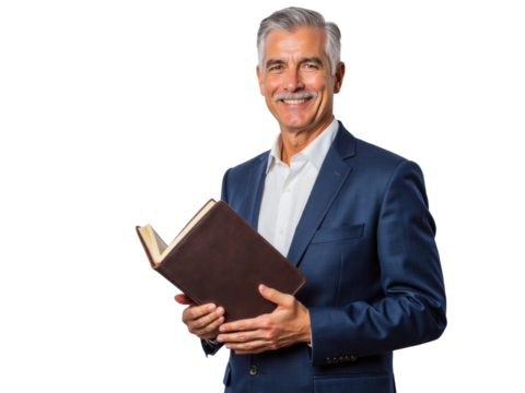 Business portrait isolated on white transparent background: A mature man with gray hair and a mustache confidently smiles while holding an open leather-bound book against a plain white background.