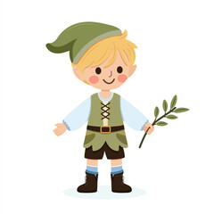 Happy and cute boy in a green hat and vest holds a twig from a tree on white background. Poster, Banner, Flyer, Greeting Card. Vector illustration in flat cartoon style