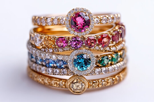 Stack of rings with colored stones: vibrant amethyst, turquoise, and citrine, arranged in ascending order on a reflective surface.