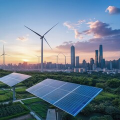 A modern city embraces renewable energy sources with solar panels and wind turbines at sunset.