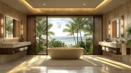 Fototapeta premium Luxurious bathroom with ocean view, featuring a freestanding tub and tropical decor