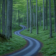 Obraz premium Winding road through a lush green forest with tall trees and dense foliage.