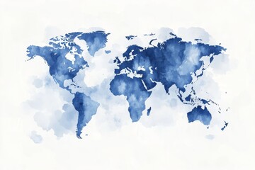 World map, watercolor style.  Detailed, artistic representation of continents