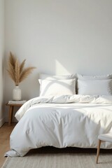 Bed in minimalist Scandinavian bedroom with white linens and pillows, simplicity, calm atmosphere, white linens