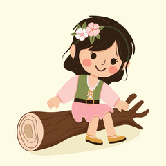 Happy and cute girl with a flower in her hair sitting on a log. Poster, Banner, Flyer, Greeting Card. Vector illustration in flat cartoon style