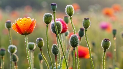 A field of poppy seed pods with a few vibrant orange and red poppy flowers in bloom, some adorned with water droplets
