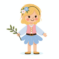 Happy and cute girl with a flower in her hair holds a twig from a tree on white background. Poster, Banner, Flyer, Greeting Card. Vector illustration in flat cartoon style