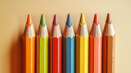 Fototapeta premium A vibrant collection of eight colored pencils arranged neatly in a row against a soft beige background showcasing their ened points and diverse hues perfect for art and design