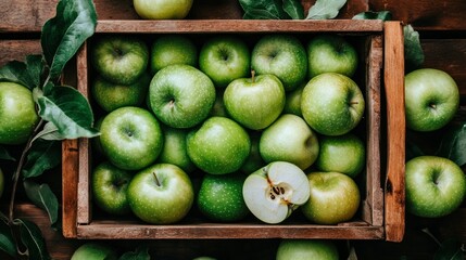 A wooden crate is filled with green Granny Smith apples