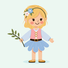 Happy and cute girl with a flower in her hair holds a twig from a tree. Poster, Banner, Flyer, Greeting Card. Vector illustration in flat cartoon style