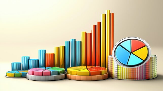 A vibrant collection of colorful 3D bar graphs and pie charts illustrate data growth and financial success showcasing a powerful visual representation of market trends and
