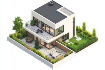 Modern two-story house with patio and garden.  Features open floorplan, balconies, and outdoor living areas