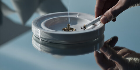 Obraz premium Close-up of a hand extinguishing a cigarette in a white ashtray on a reflective surface, showing smoke, implying a moment of pause and reflection