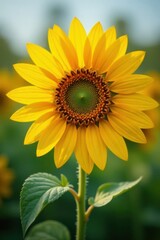 Obraz premium Vibrant sunflower facing straight forward, white, isolated