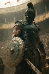 Roman soldier standing in front of an arena, his armor gleaming under the sun, a grand structure towering in the background.