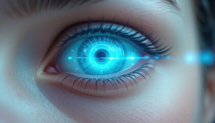 Fototapeta premium A macro closeup reveals the beauty of a blue eye's iris and eyelashes, capturing a woman's intense look