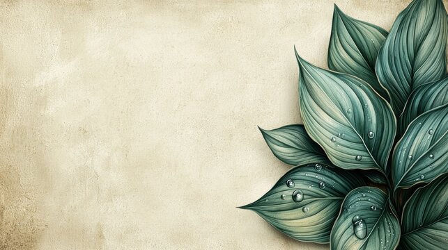 A detailed illustration of lush green leaves with water droplets on a textured parchment background, perfect for elegant designs and nature-themed projects requi a