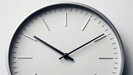 This image features a close-up of a clean white clock with black hands and subtle hour markers, encased in a silver frame and mounted on a white wall