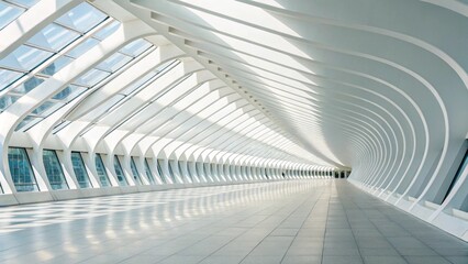 A bright, modern corridor with white arched ceilings and walls, featuring round windows on one side and open arches revealing lush green trees on the other