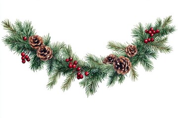 Festive Christmas garland.  Detailed watercolor illustration of a curving garland, featuring pine boughs, pinecones, and red berries