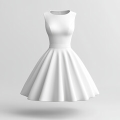 White dress on a white background, hanging from a wooden hanger, with delicate lace details and flowing fabric, casting soft shadows.