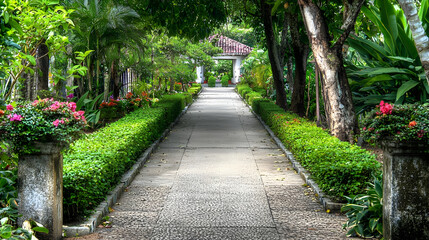 Fototapeta premium Peaceful Garden Path Lined With Lush Greenery