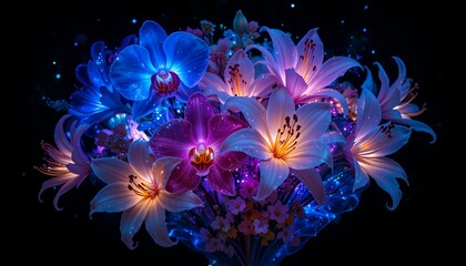 Glowing enchanted bouquet with luminous purple and blue flowers, ethereal light effects on petals, dark magical background with sparkling bokeh, fantasy floral arrangement, AI-generated  